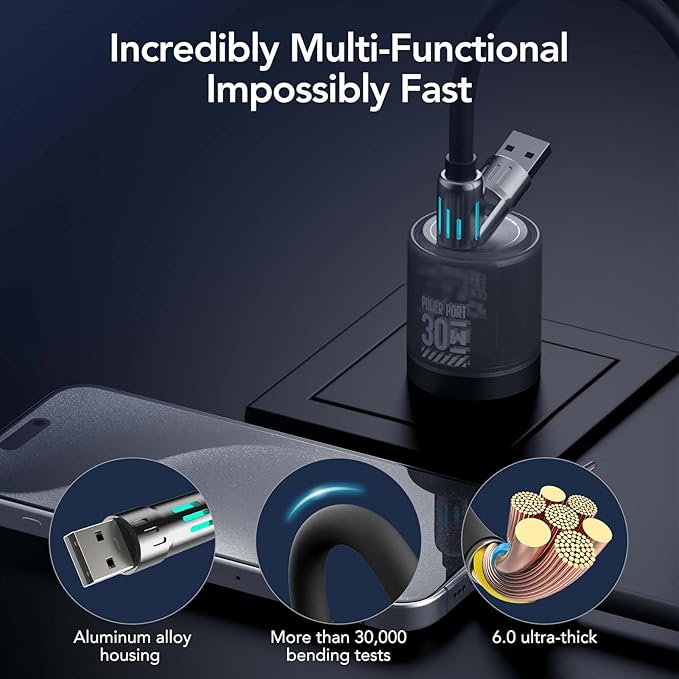 MFish 4-in-1 Universal USB Charging Cable with Carrying Case – 240W Max Fast Charger Cord, USB-A, Dual USB-C & Lighting, for iPhone 14/15/16/17 Series, iPad & MacBook and More(Black, 6.6Ft)