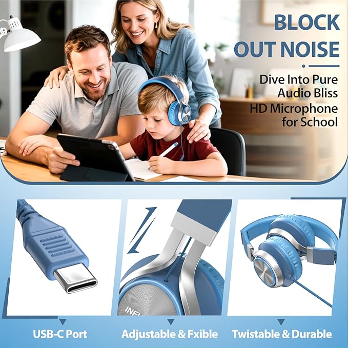 INFURTURE USB C Headphones with Mic,Volume Control,Tangle-Free Plaiting Line,Type C Headphones Wired,Lightweight Foldable for iPhone 15/16 Headphone Series/Tablet/School/Travel/Sports/Audiobooks