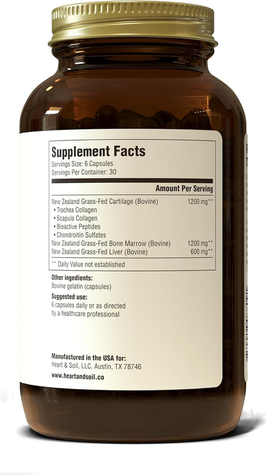 HEART & SOIL – 3000mg Skin, Hair and Nails Support Supplement with Grass Fed Beef Liver, Bone Marrow, Cartilage, Biotin, Collagen, Vitamins A, Riboflavin, Elastin – 180 Capsules