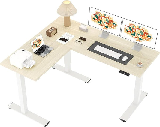 SANODESK L Shaped Standing Desk Adjustable Height, Electric Corner Standing Desk, 63 x 55 inch Sit Stand Computer Table with Splice Board, Maple