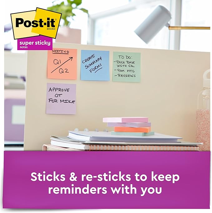 Post-it Super Sticky Recycled Notes, 3x3 in, 6 Pads, 2X The Sticking Power, Bali Collection, Pastel Colors (Lavender, Apricot, Blue, Pink, Mint), 30% Recycled Paper (654-6SSNRP)