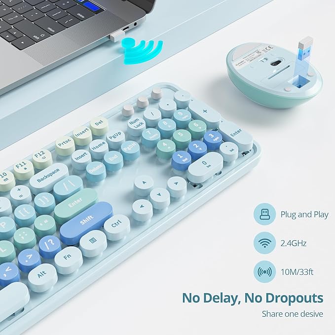 GTSP Cute Blue Keyboard and Mouse Wireless, Colorful Retro Typewriter Full-Size Aesthetic Office Keyboard 2.4GHz with Round Keycaps for Desktop Laptop and PC (Cute Blue)