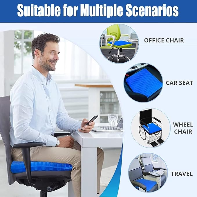 Gel Seat Cushion for Long Sitting Pressure Relief (Super Large & Thick) - Non-Slip Gel Chair Cushion for Back,Sciatica,Tailbone Pain Relief - Seat Cushion for Office Desk Chair,Car Seat,Wheelchair