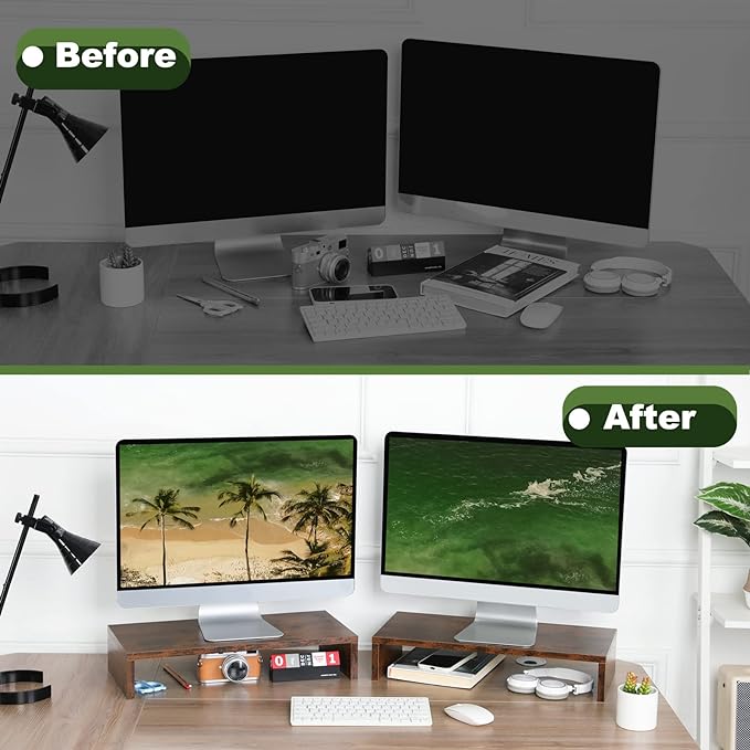 TEAMIX 2 Pack Monitor Stand Riser-20 inch, Wooden Tabletop Shelf for TV/PC/Laptop/Printer, Rustic Brown Monitor Riser with Storage, Computer Stand Ergonomic Design