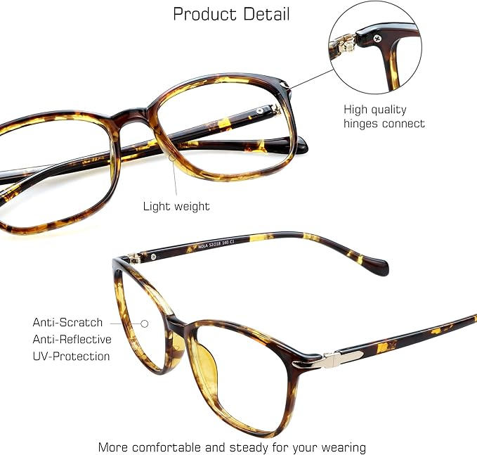 VisionGlobal Blue Light Blocking Glasses for Women/Men, Anti Eyestrain, Computer Reading, TV Glasses, Stylish Square Frame, Anti Glare(Tortoise,+0.50 Magnification)