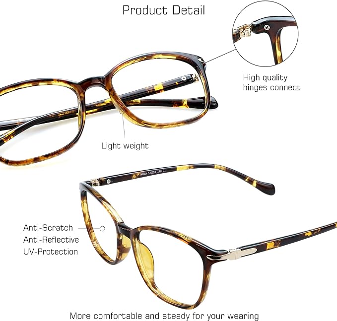 VisionGlobal Blue Light Blocking Glasses for Women/Men, Anti Eyestrain, Computer Reading, TV Glasses, Stylish Square Frame, Anti Glare(Tortoise,+1.50 Magnification)
