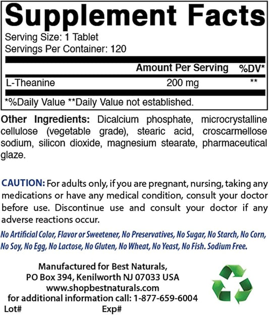 Best Naturals L-Theanine 200mg per Tablet (400mg per 2 Tablets) - Promotes Relaxation Without Drowsiness - 120 Vegetarian Tablets - (120 Count (Pack of 2))