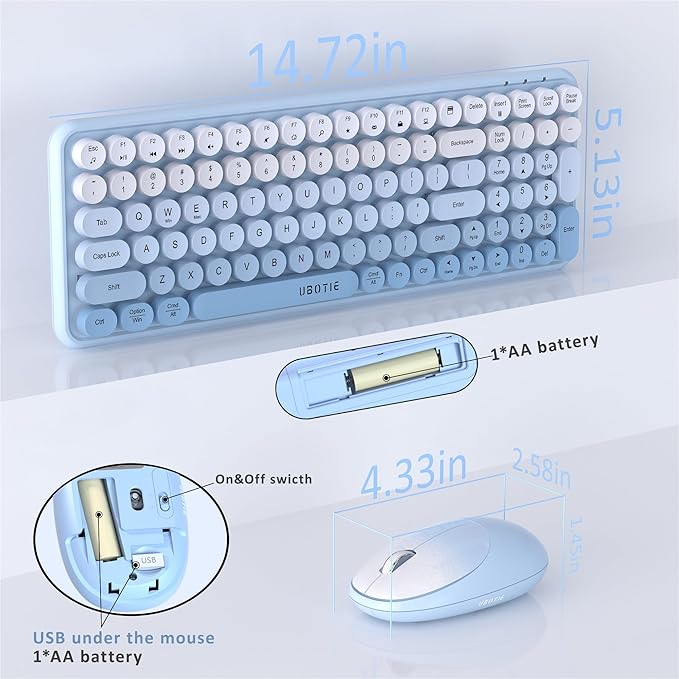 Wireless Keyboards and Mouse Combos, UBOTIE Colorful Gradient Rainbow Colored Retro Typewriter Flexible Keyboard, 2.4GHz Connection and Optical Mouse(Blue Gradient)