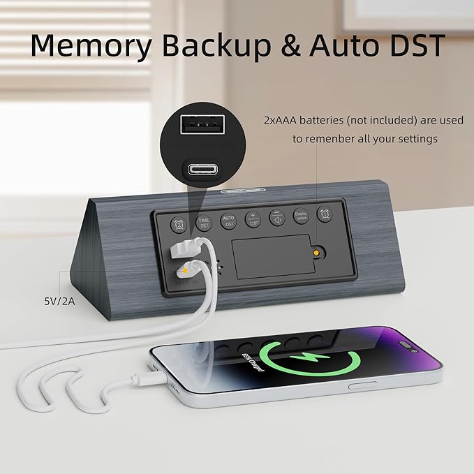 Solid Wood Digital Alarm Clock for Bedroom - 8.8 Inch Large Display for Living Room, See Time Instantly! Multicolor Backlight Time Display, Dual Alarms, Date/Temp/Day, DST, Snooze (Black)