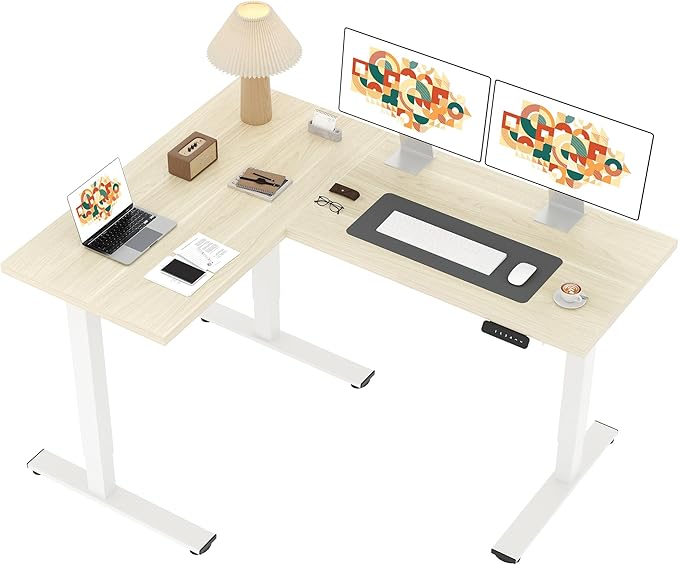 SANODESK L Shaped Standing Desk Adjustable Height, Electric Corner Standing Desk, 63 x 48 inch Sit Stand Computer Table with Splice Board, Maple