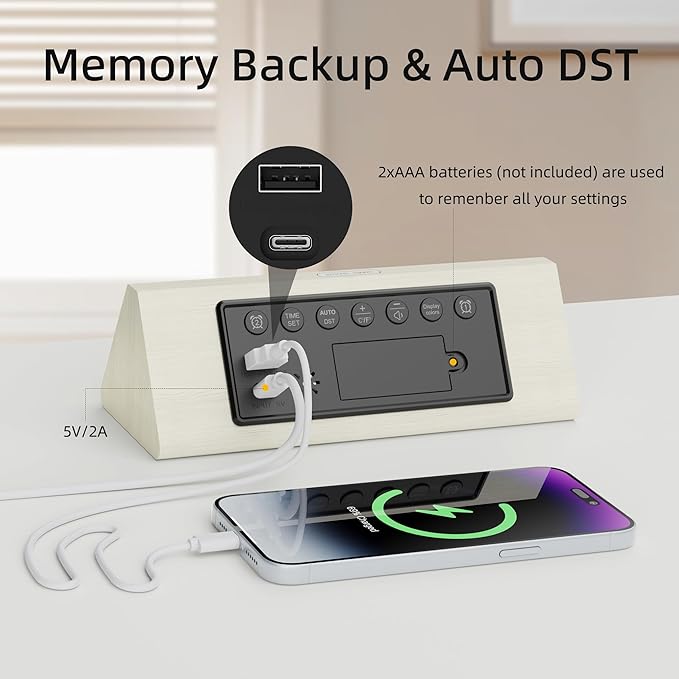 Solid Wood Digital Alarm Clock for Bedroom - 8.8 Inch Large Display for Living Room, See Time Instantly! Multicolor Backlight Time Display, Dual Alarms, Date/Temp/Day, DST, Snooze (White)