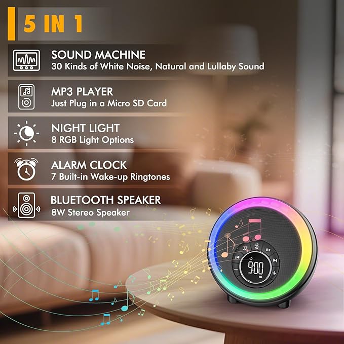 White Noise Sound Machine for Sleep, 30 Soothing Sounds, 8 RGB Dimmable Night Lights, Portable Bluetooth Speaker Alarm Clock for Bedrooms, Heavy Sleepers, Ideal Gift for Baby, Kids, Teenagers, Adults