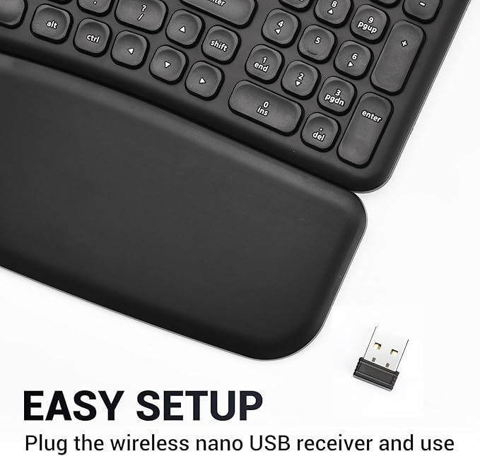 RVP+ Split Ergonomic Keyboard with Magnetic Wrist Rest (2.4 GHz), Wireless Keyboard and USB Interface - Black