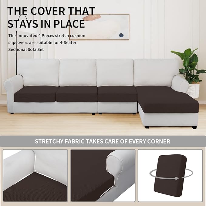 Easy-Going Stretch 4 Pieces Couch Cushion Covers for Sectional Sofa Left/Right L Shape Chaise Lounge Sofa Seat slipcover Anti-Slip Sofa Cover Soft (3 Seater + 1 Chaise, Chocolate)