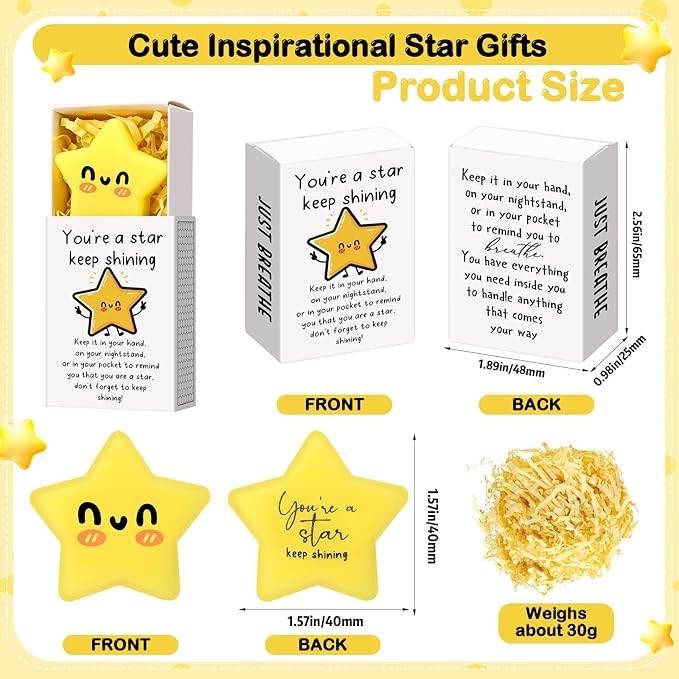 Wettarn 24 Sets Star Positive Gifts Cute Stress Balls with Gift Boxes Inspirational Party Favors for Employee Coworker Students Relief Toys, You Are a Star Keep Shining