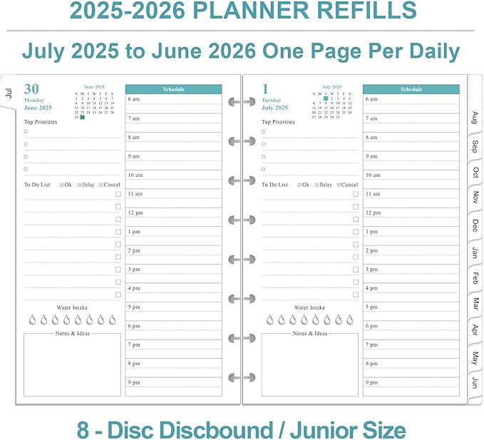 2025-2026 Planner Refills – One Page Per Day, 8-Disc Discbound 2025-26 Daily ＆ Monthly Planner, Runs from July 2025-June 2026, Prioritized, To-Do List, Notes, 5.8" x 8.5"