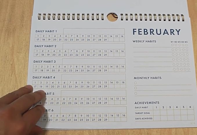 12-Month Habit Tracker Calendar – Minimalist Table Wall Planner for Goals & Productivity, Daily/Weekly/Monthly Tracking, Wire-O Hanger, Thick 200 gsm Paper, Neutral Design
