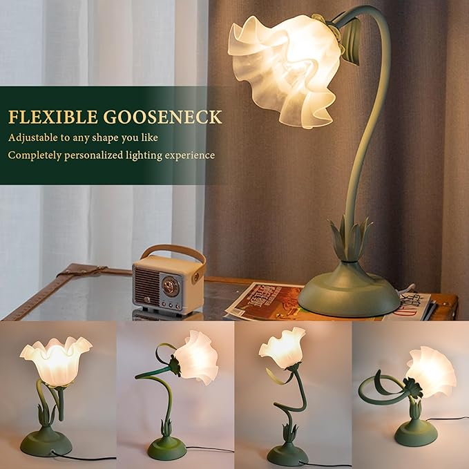 Cute Flower Table Lamp, Bedside Vintage Flower Lamp with LED Bulb, 3 Colors Temperature Flower Lamp for Bedroom Living Room Bedside Desk Reading Lighting Table Lamps Home Decoration (Green)