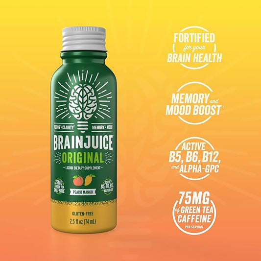 BrainJuice Brain Support Shot, Gluten Free Supplement Shots for Energy & Focus, Healthy Drinks with Alpha GPC, Vitamin B & Organic Green Tea Extract Caffeine, Peach Mango, 2.5 fl oz, 12 Pack