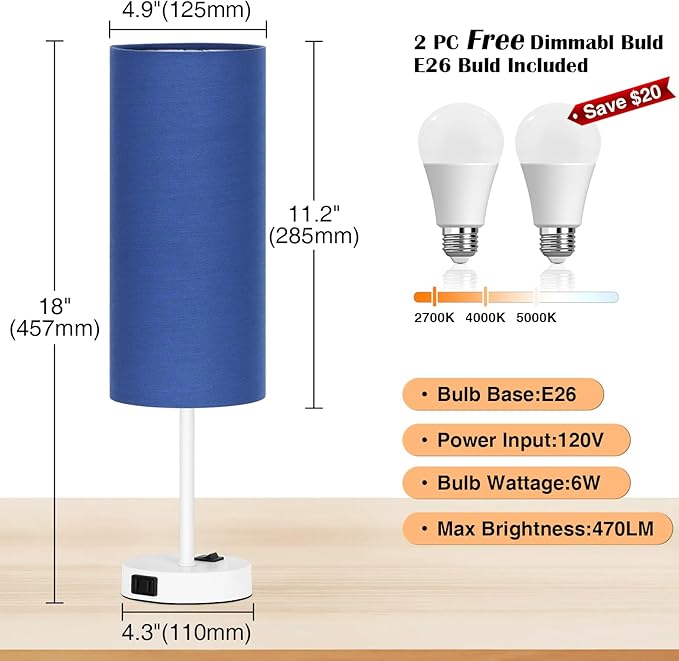 ZJOJO Table Lamp for Bedroom 2 Pack,18in Bedside Lamps with 3 Way Dimmable Rocker Switch & AC Outlet,Nightstand Desk Lamp with Blue Fabric Shade White Base for Living Room Home Decor Lights