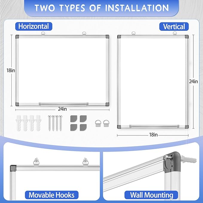Grtard White Board Dry Erase, 24" x 18" Magnetic Dry Erase Boards, Hanging Magnetic Whiteboard with Marker and Magnets, Dry Erase Board for Wall, Large White Boards Dry Erase for School, Office, Home