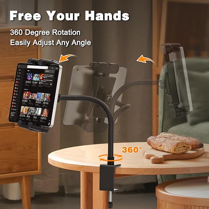 Tablet Stand Holder, Gooseneck iPad Desk Mount for Kitchen, Work Meetings, Video, Tablet Clamp Mount Compatible with iPad mini/Air/Pro, Kindle Fire HD, Galaxy Tabs and All 4.7-13.5" Tablets