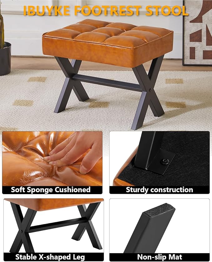 IBUYKE Small 12" H Footrest Stool, Square PU Foot Stool with Metal X-Leg, Multi-Use as Small Side Table, Step Stool for Living Room, Bedroom, Entryway, Office, Light Brown WBD012J