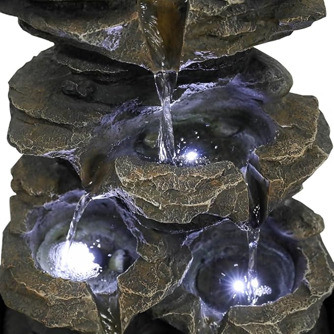 15.7” High Rock Falls Tabletop Water Fountain with LED Lights - Indoor 5-Tier Cascading Fountain for Home and Office Decor (Gray_3, 15.7" high)