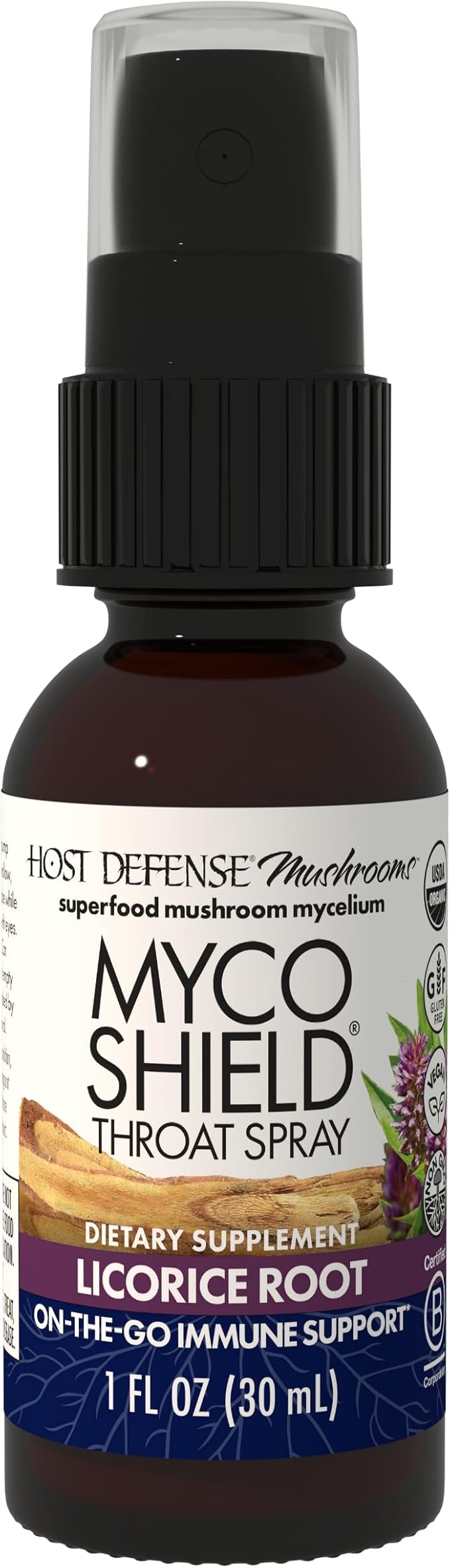 Host Defense MycoShield Throat Spray - Immune Health Support - Dietary Mushroom Supplement with Chaga, Reishi, Turkey Tail & More - On-The-Go Immune Support - Licorice Root, 1 fl oz (71 Servings)*