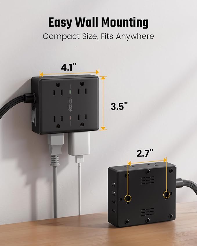 6Ft Extension Cord with Multiple Outlets, Flat Plug Power Strip Surge Protector, 8 Outlet 4 USB Ports (2 USB C), Wall Mountable, Desk Charging Station for Home Office, College Dorm Room Essentials
