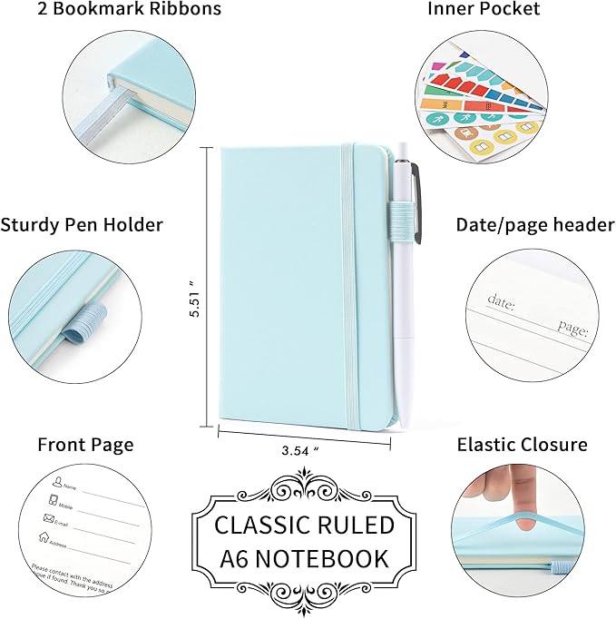 feela 3 Pack Pocket Small Notebook Journals, Mini Cute Memo Notepad Hardcover College Ruled Lined Journals with Pen Holder for Women Girls Office School, with 3 Black Pens, 3.5”x 5.5”, A6, Sky Blue
