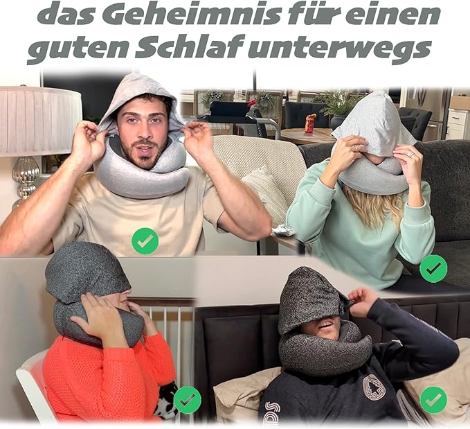 Ergonomic Travel Neck Pillow with Stowable Hood,Neck Pillow Airplane,Premium Memory Foam,360º Contoured Design,Washable Cover,Complete Travel Set,Ideal for Airplane,Car and Office