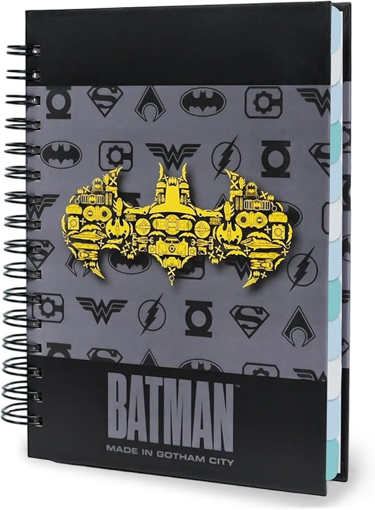 Hardcover Spiral Notebook Journal with 12 Dividers Tabs Weekly&Monthly Planner Productivity Journal Superhero Theme Leather Organizer for Work School Adults Teens and Professionals(BATM- Logo)