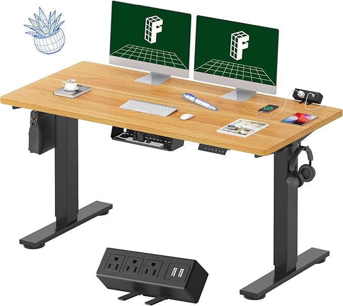 FLEXISPOT EN2 Whole-Piece Standing Desk with Clamp Power Strip, 55 x 28 Electric Stand Up Height Adjustable Desk with Cable Management (Black Frame + 55" Maple Top, 2 Packages)