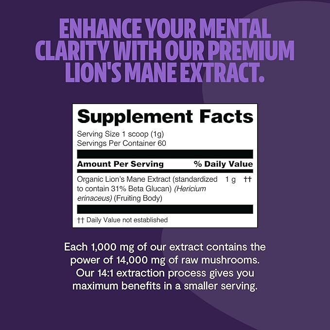FreshCap Mushrooms Lions Mane Supplement Powder 14,000mg - Lions Mane Extract, Mushroom Supplement for Focus & Memory, Organic Lions Mane Powder (60 Servings)