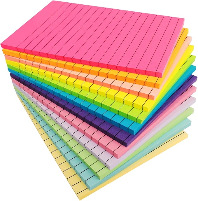 12 Pads Lined Sticky Notes 4x6 Sticky Notes with Lines Self-Stick Note Pads 12 Bright Multi Colors Big Rectangular Sticky Note for Office,Home,School, Meeting, 33 Sheet/Pad