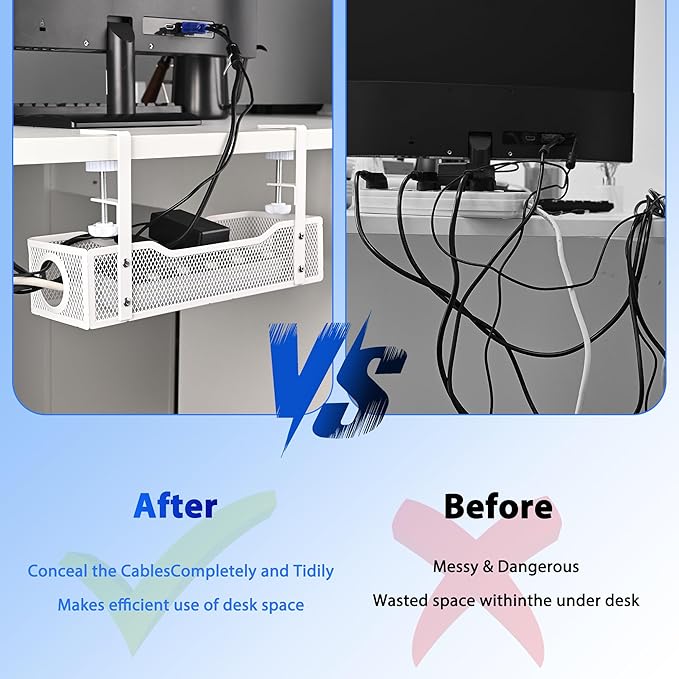 Clamp-On Under Desk Cable Management Tray – No Drill Metal Cord Organizer for Power Strips & Wires – Easy to Install Under Table Cable Holder (White)