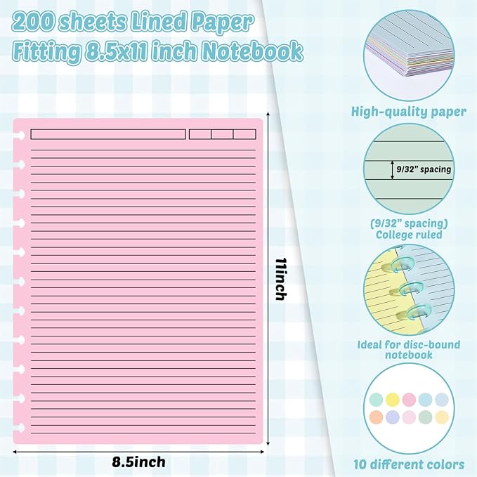 gisgfim 200 Sheets Letter Size Discbound Lined Refill Paper 8.5 x 11 Inch College Ruled Notebooks Planner Inserts 11 Disc Discbound Loose Leaf Paper Thicken for Writing School Office Supplies(Macaron)