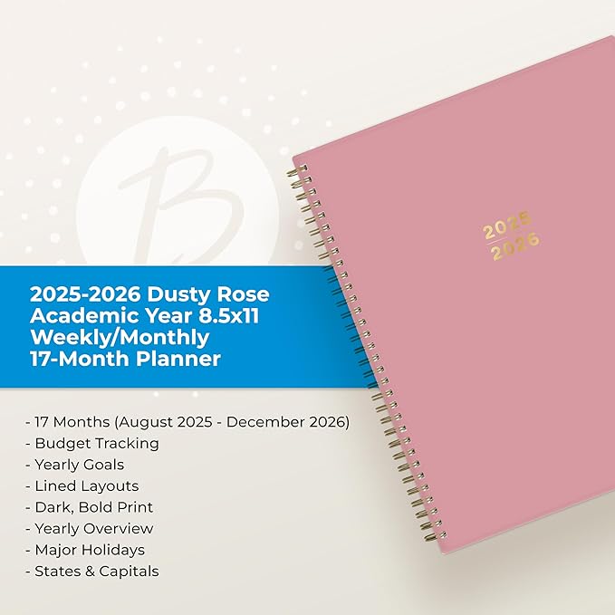 Blue Sky 17 Month 2025-2026 Weekly and Monthly Academic Year Planner Calendar, August 2025 - December 2026, 8.5" x 11", Flexible Cover, Wirebound, Laminated Tabs, Dusty Rose