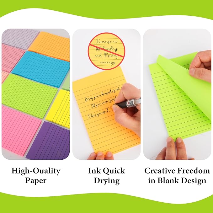 12 Pads Lined Sticky Notes 4x6 Sticky Notes with Lines Self-Stick Note Pads 12 Bright Multi Colors Big Rectangular Sticky Note for Office,Home,School, Meeting, 33 Sheet/Pad