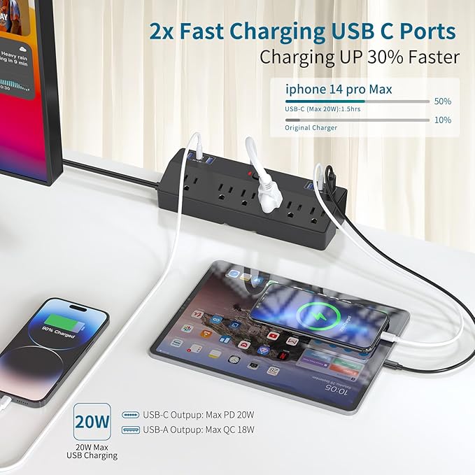 Desk Clamp Power Strip 2 USB C Desktop Mount Outlet Charging Station, 10FT Extension Cord Flat Plug with 6 AC, Removable 40W Fast Charging Surge Protector Power Strip Fits 1.8" Office Tabletop Edge