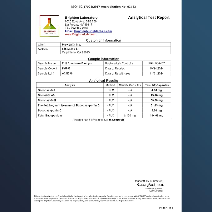ProHealth Full Spectrum Bacopa Supplement | 1000mg High Potency Formula | Triple Lab Tested for Purity & Quality | 60 Vegetable Capsules for Memory Support, Focus, Stress Relief & Cognitive Health