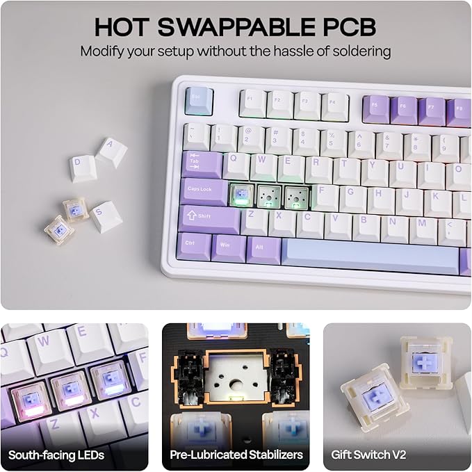 AJAZZ AK980 96% USB-C/BT5.0/2.4GHz Wireless Gaming Keyboard with 1.14’’ TFT Screen, Hot Swappable Creamy Mechanical Keyboard with FR4 Plate, Knob, RGB for Win/Mac (White, Gift V2 Switch)