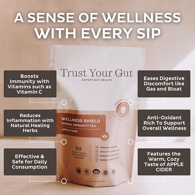 Trust Your Gut Wellness Shield Organic Herbal Tea Blend with Echinacea, Ginger, Cinnamon – Strengthens Immune System, Reduces Inflammation & Supports Healthy Digestion, 30 Bags