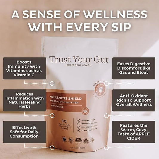 Trust Your Gut Wellness Shield Organic Herbal Tea Blend with Echinacea, Ginger, Cinnamon – Strengthens Immune System, Reduces Inflammation & Supports Healthy Digestion, 30 Bags