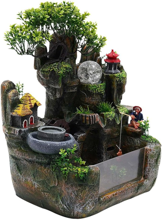 Tabletop Rockery Fountains, Indoor Waterfall Bonsai Desktop, Water Sound Desk Decoration, Mini Rockery Water Fountain with LED Light, With Rockery, Trees, A Stone Mill, And Houses, Home Office Bedroom