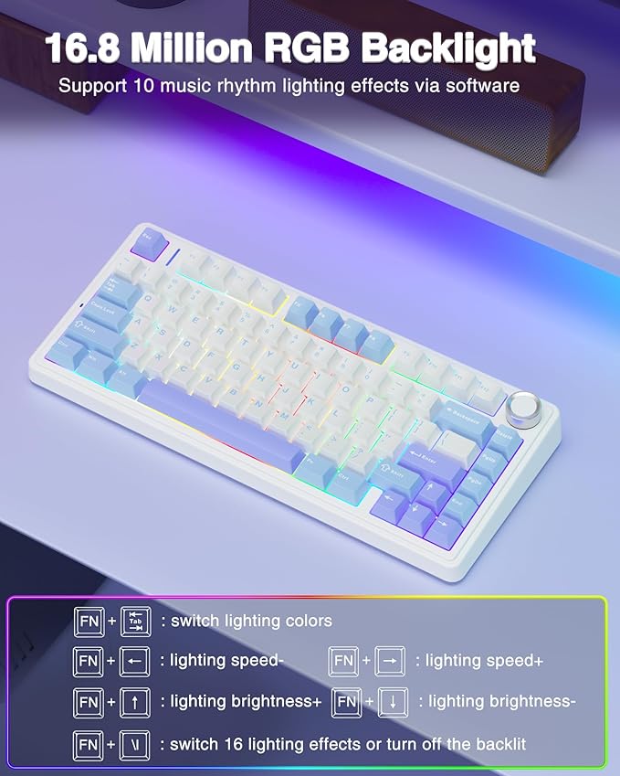 AULA F75 75% Wireless Mechanical Keyboard, Hot Swappable Creamy Keyboard, Pre-lubed Star Vector Switches RGB Backlit Gaming Keyboards, 2.4GHz/Type-C/BT5.0(White&Blue&Purple)