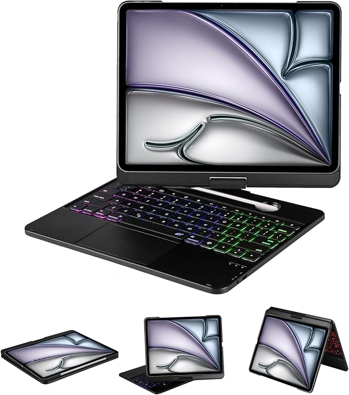 Keyboard Case for iPad Air 13 inch M3 2025&M2 2024, 360 Rotatable Wireless Folio 180 Swivel Stand Hard Cover Auto Sleep/Wake up Black