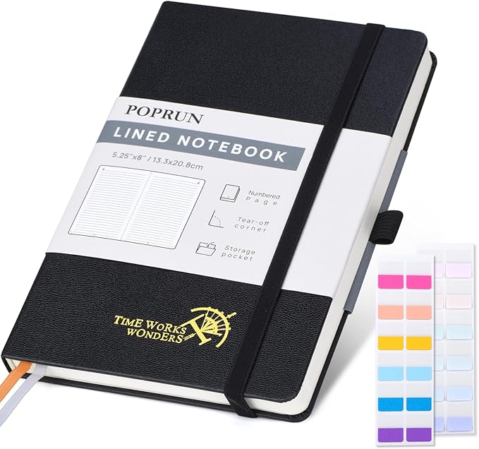 POPRUN Lined Journal Notebook for Women & Men, A5 Medium Size 5.25''x 8'', 120GSM Thick Paper, 128 Numberd Pages, Hardcover, Index Tabs, College Ruled Notebook for Work & Note Taking - Black