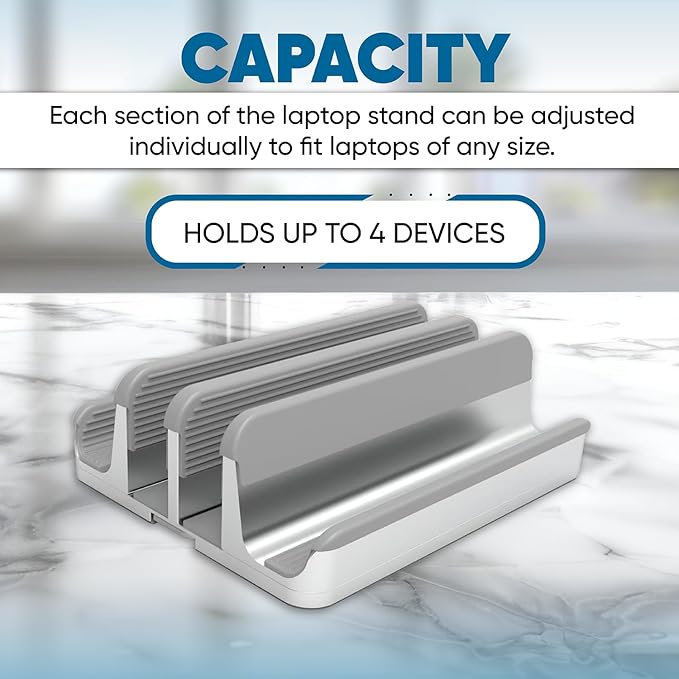 Elestoria 4 Device Vertical Laptop Stand – Adjustable Desktop Dock for MacBook, Dell, HP, Lenovo, iPad, Tablets & Phones – Multiple Slot Holder (Fits Up to 17.3") – Silver